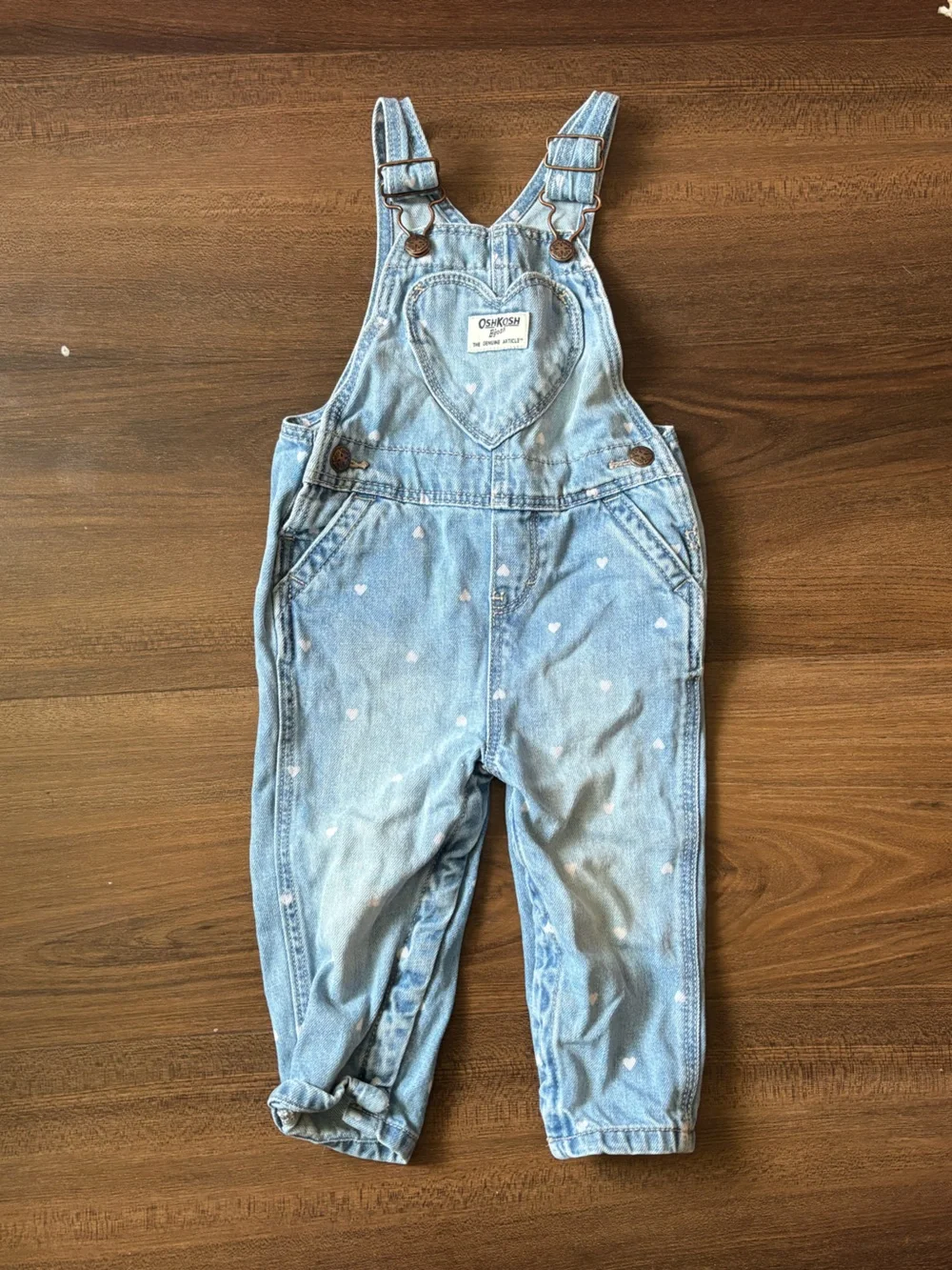 OshKosh B'gosh Light Blue Denim Overalls with White heart polka dots
